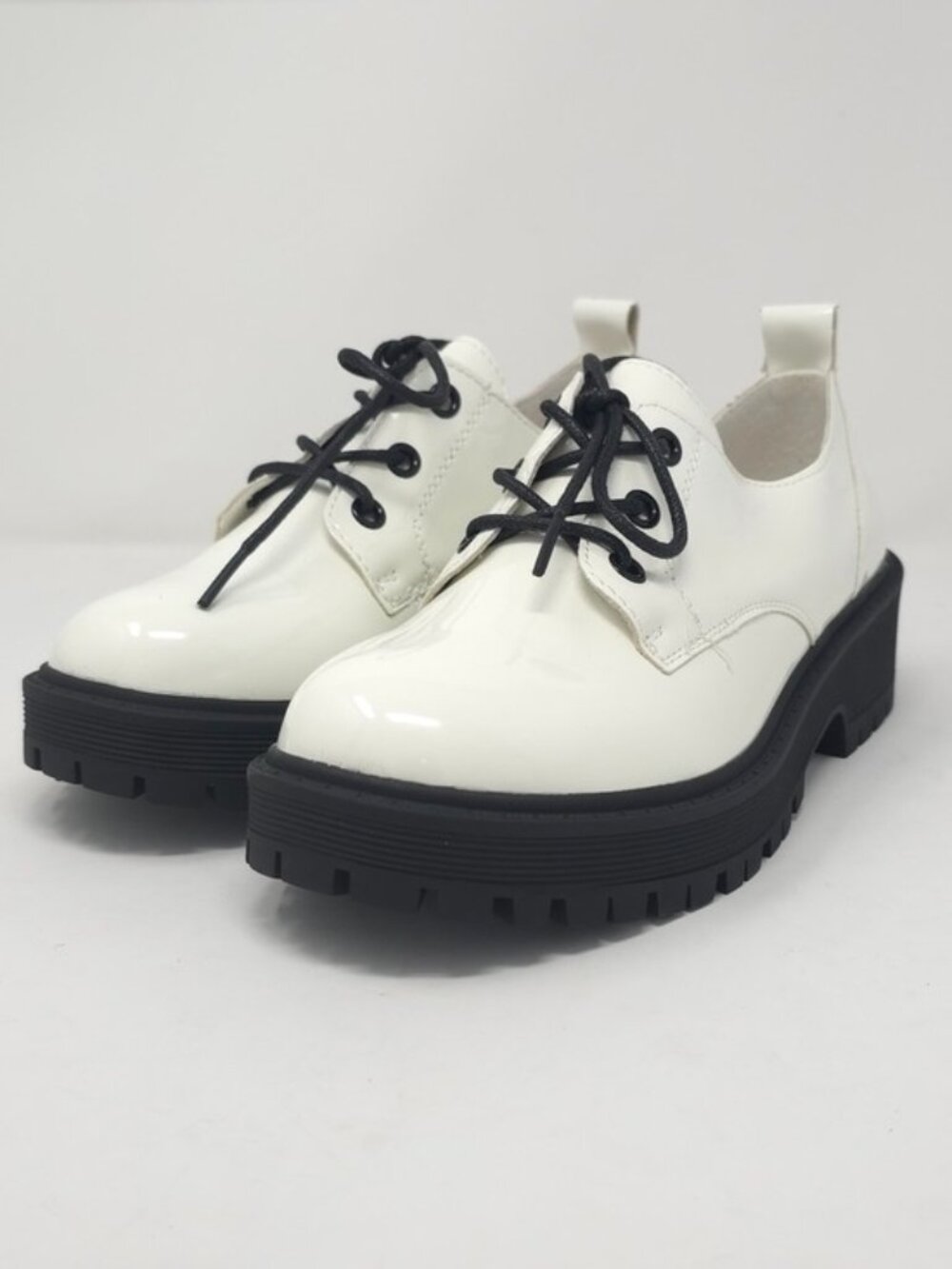 Chunky Platform Faux Leather Oxford Patent White Pat Trendy Lug Sole Lace Up